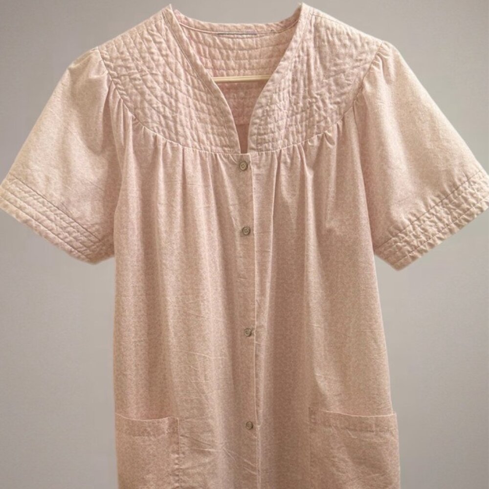 Vintage Light Pink Quilted Button-Front Robe House dress with Pockets Floral  M